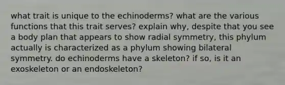 what trait is unique to the echinoderms? what are the various functions that this trait serves? explain why, despite that you see a body plan that appears to show radial symmetry, this phylum actually is characterized as a phylum showing bilateral symmetry. do echinoderms have a skeleton? if so, is it an exoskeleton or an endoskeleton?