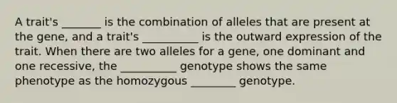 A trait's _______ is the combination of alleles that are present at the gene, and a trait's __________ is the outward expression of the trait. When there are two alleles for a gene, one dominant and one recessive, the __________ genotype shows the same phenotype as the homozygous ________ genotype.