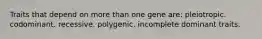 Traits that depend on more than one gene are: pleiotropic. codominant. recessive. polygenic. incomplete dominant traits.