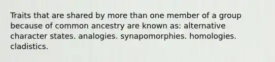 Traits that are shared by more than one member of a group because of common ancestry are known as: alternative character states. analogies. synapomorphies. homologies. cladistics.