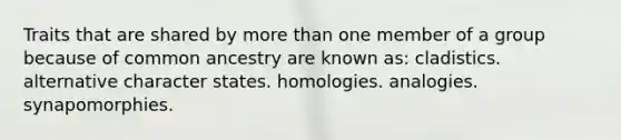 Traits that are shared by more than one member of a group because of common ancestry are known as: cladistics. alternative character states. homologies. analogies. synapomorphies.