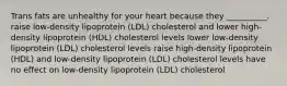 Trans fats are unhealthy for your heart because they __________. raise low-density lipoprotein (LDL) cholesterol and lower high-density lipoprotein (HDL) cholesterol levels lower low-density lipoprotein (LDL) cholesterol levels raise high-density lipoprotein (HDL) and low-density lipoprotein (LDL) cholesterol levels have no effect on low-density lipoprotein (LDL) cholesterol