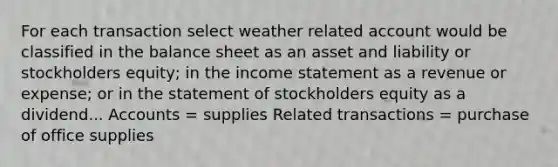 For each transaction select weather related account would be classified in the balance sheet as an asset and liability or stockholders equity; in the income statement as a revenue or expense; or in the statement of stockholders equity as a dividend... Accounts = supplies Related transactions = purchase of office supplies