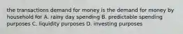 the transactions demand for money is the demand for money by household for A. rainy day spending B. predictable spending purposes C. liquidity purposes D. investing purposes