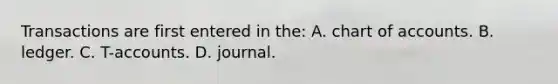 Transactions are first entered in the: A. chart of accounts. B. ledger. C. T-accounts. D. journal.