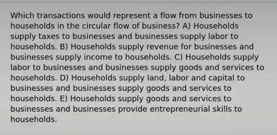 Which transactions would represent a flow from businesses to households in the circular flow of business? A) Households supply taxes to businesses and businesses supply labor to households. B) Households supply revenue for businesses and businesses supply income to households. C) Households supply labor to businesses and businesses supply goods and services to households. D) Households supply land, labor and capital to businesses and businesses supply goods and services to households. E) Households supply goods and services to businesses and businesses provide entrepreneurial skills to households.