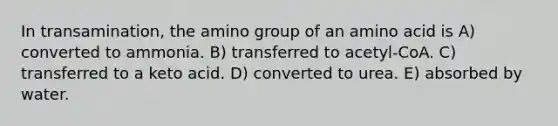 In transamination, the amino group of an amino acid is A) converted to ammonia. B) transferred to acetyl-CoA. C) transferred to a keto acid. D) converted to urea. E) absorbed by water.