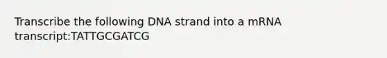 Transcribe the following DNA strand into a mRNA transcript:TATTGCGATCG