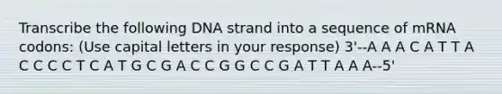 Transcribe the following DNA strand into a sequence of mRNA codons: (Use capital letters in your response) 3'--A A A C A T T A C C C C T C A T G C G A C C G G C C G A T T A A A--5'