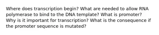 Where does transcription begin? What are needed to allow RNA polymerase to bind to the DNA template? What is promoter? Why is it important for transcription? What is the consequence if the promoter sequence is mutated?