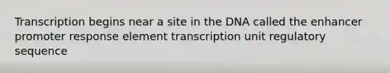 Transcription begins near a site in the DNA called the enhancer promoter response element transcription unit regulatory sequence