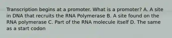 Transcription begins at a promoter. What is a promoter? A. A site in DNA that recruits the RNA Polymerase B. A site found on the RNA polymerase C. Part of the RNA molecule itself D. The same as a start codon