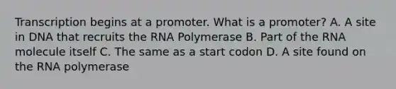 Transcription begins at a promoter. What is a promoter? A. A site in DNA that recruits the RNA Polymerase B. Part of the RNA molecule itself C. The same as a start codon D. A site found on the RNA polymerase