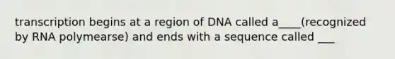 transcription begins at a region of DNA called a____(recognized by RNA polymearse) and ends with a sequence called ___