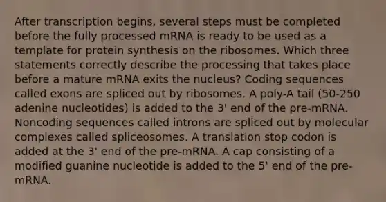 After transcription begins, several steps must be completed before the fully processed mRNA is ready to be used as a template for <a href='https://www.questionai.com/knowledge/kVyphSdCnD-protein-synthesis' class='anchor-knowledge'>protein synthesis</a> on the ribosomes. Which three statements correctly describe the processing that takes place before a mature mRNA exits the nucleus? Coding sequences called exons are spliced out by ribosomes. A poly-A tail (50-250 adenine nucleotides) is added to the 3' end of the pre-mRNA. Noncoding sequences called introns are spliced out by molecular complexes called spliceosomes. A translation stop codon is added at the 3' end of the pre-mRNA. A cap consisting of a modified guanine nucleotide is added to the 5' end of the pre-mRNA.