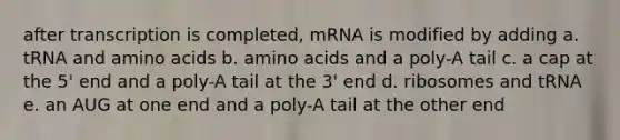 after transcription is completed, mRNA is modified by adding a. tRNA and <a href='https://www.questionai.com/knowledge/k9gb720LCl-amino-acids' class='anchor-knowledge'>amino acids</a> b. amino acids and a poly-A tail c. a cap at the 5' end and a poly-A tail at the 3' end d. ribosomes and tRNA e. an AUG at one end and a poly-A tail at the other end