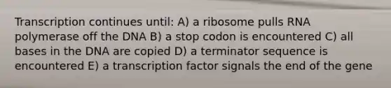 Transcription continues until: A) a ribosome pulls RNA polymerase off the DNA B) a stop codon is encountered C) all bases in the DNA are copied D) a terminator sequence is encountered E) a transcription factor signals the end of the gene