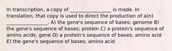 In transcription, a copy of _________________ is made. In translation, that copy is used to direct the production of a(n) _________________. A) the gene's sequence of bases; genome B) the gene's sequence of bases; protein C) a protein's sequence of amino acids; gene D) a protein's sequence of bases; amino acid E) the gene's sequence of bases; amino acid