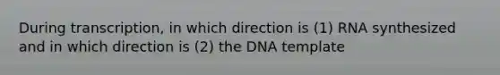 During transcription, in which direction is (1) RNA synthesized and in which direction is (2) the DNA template