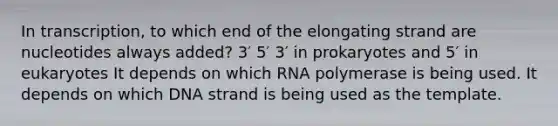 In transcription, to which end of the elongating strand are nucleotides always added? 3′ 5′ 3′ in prokaryotes and 5′ in eukaryotes It depends on which RNA polymerase is being used. It depends on which DNA strand is being used as the template.