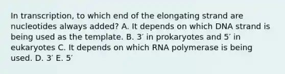 In transcription, to which end of the elongating strand are nucleotides always added? A. It depends on which DNA strand is being used as the template. B. 3′ in prokaryotes and 5′ in eukaryotes C. It depends on which RNA polymerase is being used. D. 3′ E. 5′