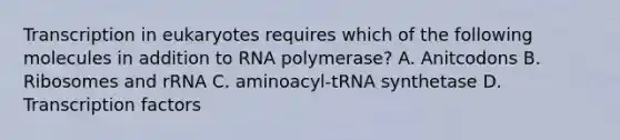 Transcription in eukaryotes requires which of the following molecules in addition to RNA polymerase? A. Anitcodons B. Ribosomes and rRNA C. aminoacyl-tRNA synthetase D. Transcription factors