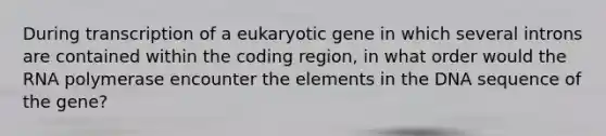 During transcription of a eukaryotic gene in which several introns are contained within the coding region, in what order would the RNA polymerase encounter the elements in the DNA sequence of the gene?