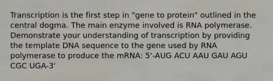 Transcription is the first step in "gene to protein" outlined in the central dogma. The main enzyme involved is RNA polymerase. Demonstrate your understanding of transcription by providing the template DNA sequence to the gene used by RNA polymerase to produce the mRNA: 5'-AUG ACU AAU GAU AGU CGC UGA-3'