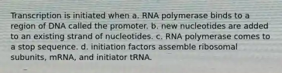 Transcription is initiated when a. RNA polymerase binds to a region of DNA called the promoter. b. new nucleotides are added to an existing strand of nucleotides. c. RNA polymerase comes to a stop sequence. d. initiation factors assemble ribosomal subunits, mRNA, and initiator tRNA.