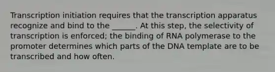 Transcription initiation requires that the transcription apparatus recognize and bind to the ______. At this step, the selectivity of transcription is enforced; the binding of RNA polymerase to the promoter determines which parts of the DNA template are to be transcribed and how often.