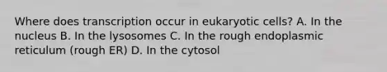 Where does transcription occur in eukaryotic cells? A. In the nucleus B. In the lysosomes C. In the rough endoplasmic reticulum (rough ER) D. In the cytosol