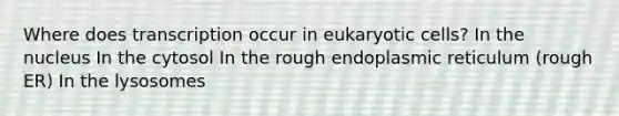 Where does transcription occur in <a href='https://www.questionai.com/knowledge/kb526cpm6R-eukaryotic-cells' class='anchor-knowledge'>eukaryotic cells</a>? In the nucleus In the cytosol In the rough endoplasmic reticulum (rough ER) In the lysosomes