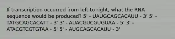 If transcription occurred from left to right, what the RNA sequence would be produced? 5' - UAUGCAGCACAUU - 3' 5' - TATGCAGCACATT - 3' 3' - AUACGUCGUGUAA - 5' 3' - ATACGTCGTGTAA - 5' 5' - AUGCAGCACAUU - 3'