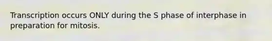Transcription occurs ONLY during the S phase of interphase in preparation for mitosis.