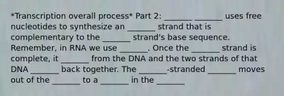 *Transcription overall process* Part 2: _______ _______ uses free nucleotides to synthesize an _______ strand that is complementary to the _______ strand's base sequence. Remember, in RNA we use _______. Once the _______ strand is complete, it _______ from the DNA and the two strands of that DNA _______ back together. The _______-stranded _______ moves out of the _______ to a _______ in the _______