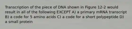 Transcription of the piece of DNA shown in Figure 12-2 would result in all of the following EXCEPT A) a primary mRNA transcript B) a code for 5 <a href='https://www.questionai.com/knowledge/k9gb720LCl-amino-acids' class='anchor-knowledge'>amino acids</a> C) a code for a short polypeptide D) a small protein