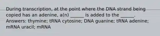 During transcription, at the point where the DNA strand being copied has an adenine, a(n) ______ is added to the ______. Answers: thymine; tRNA cytosine; DNA guanine; tRNA adenine; mRNA uracil; mRNA