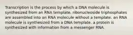 Transcription is the process by which a DNA molecule is synthesized from an RNA template. ribonucleoside triphosphates are assembled into an RNA molecule without a template. an RNA molecule is synthesized from a DNA template. a protein is synthesized with information from a messenger RNA.