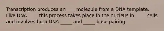 Transcription produces an____ molecule from a DNA template. Like DNA ____ this process takes place in the nucleus in_____ cells and involves both DNA _____ and _____ base pairing