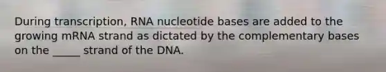 During transcription, RNA nucleotide bases are added to the growing mRNA strand as dictated by the complementary bases on the _____ strand of the DNA.