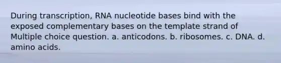 During transcription, RNA nucleotide bases bind with the exposed complementary bases on the template strand of Multiple choice question. a. anticodons. b. ribosomes. c. DNA. d. amino acids.