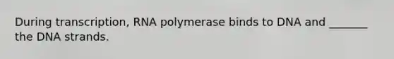 During transcription, RNA polymerase binds to DNA and _______ the DNA strands.