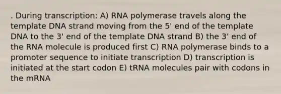 . During transcription: A) RNA polymerase travels along the template DNA strand moving from the 5' end of the template DNA to the 3' end of the template DNA strand B) the 3' end of the RNA molecule is produced first C) RNA polymerase binds to a promoter sequence to initiate transcription D) transcription is initiated at the start codon E) tRNA molecules pair with codons in the mRNA