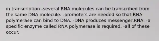 in transcription -several RNA molecules can be transcribed from the same DNA molecule. -promoters are needed so that RNA polymerase can bind to DNA. -DNA produces messenger RNA. -a specific enzyme called RNA polymerase is required. -all of these occur.