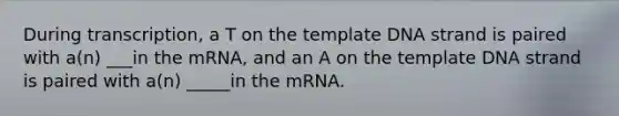 During transcription, a T on the template DNA strand is paired with a(n) ___in the mRNA, and an A on the template DNA strand is paired with a(n) _____in the mRNA.