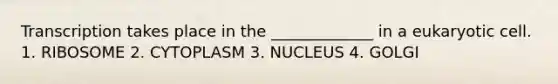 Transcription takes place in the _____________ in a eukaryotic cell. 1. RIBOSOME 2. CYTOPLASM 3. NUCLEUS 4. GOLGI