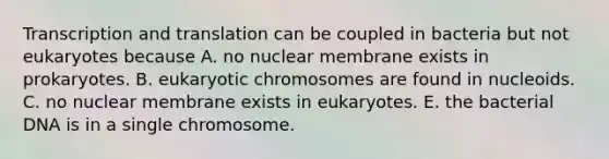 Transcription and translation can be coupled in bacteria but not eukaryotes because A. no nuclear membrane exists in prokaryotes. B. eukaryotic chromosomes are found in nucleoids. C. no nuclear membrane exists in eukaryotes. E. the bacterial DNA is in a single chromosome.