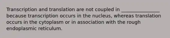 Transcription and translation are not coupled in ________________ because transcription occurs in the nucleus, whereas translation occurs in the cytoplasm or in association with the rough endoplasmic reticulum.