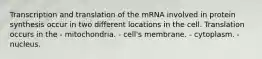 Transcription and translation of the mRNA involved in protein synthesis occur in two different locations in the cell. Translation occurs in the - mitochondria. - cell's membrane. - cytoplasm. - nucleus.