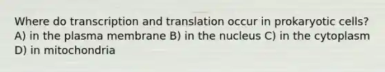 Where do transcription and translation occur in prokaryotic cells? A) in the plasma membrane B) in the nucleus C) in the cytoplasm D) in mitochondria